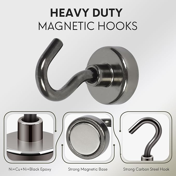 Neosmuk Magnetic Hooks,30lb+ Heavy Duty Earth Magnets with Hook for Refrigerator, Extra Strong Cruise Hook for Hanging, Magnetic Hanger for Cabins, Grill (Gunblack, 6 Pack)