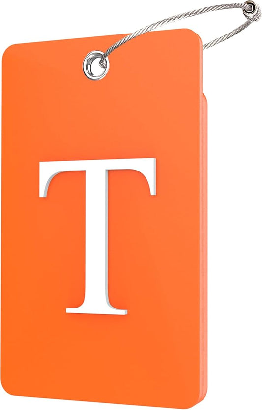 Gostwo 2 Pack Luggage Tags for Suitcases, 26 Initial Letter Travel Luggage Baggage Identification Labels ID Tag Fully Bendable Tags with Stainless Steel Loop (Orange) (Letter T)