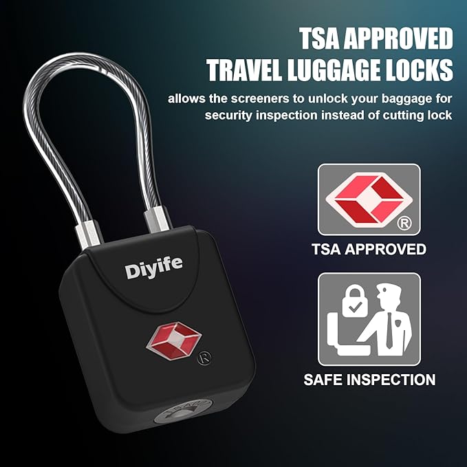 Luggage Locks with Key, [2 Pack] Diyife TSA Approved Luggage Locks, Suitcase Locks, Small TSA Travel Lock with Zinc Alloy Steel Cable Ideal for Backpacks, Bags, Toolbox, Case (Black)
