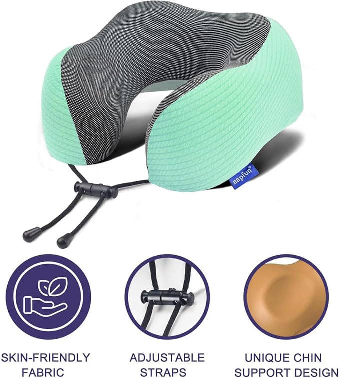napfun Neck Pillow for Travel with Travel Pouch, Sleep Mask & Earplugs, Memory Foam Airplane Pillow for Headrest Sleep with Eyeshades, Plane Essentials with Eye Blindfold, Turquoise Striped Kit