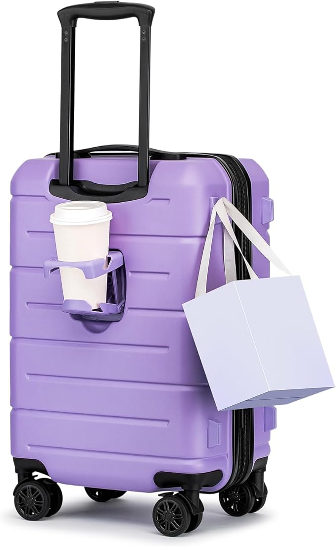KYME Carry On Luggage 22x14x9 Airline Approved with TSA Lock Hardshell Expandable 20 Inch Suitcase Carry On Suitcase with Wheels Small Travel Rolling Luggage with Cup Holder for Women Lt Purple