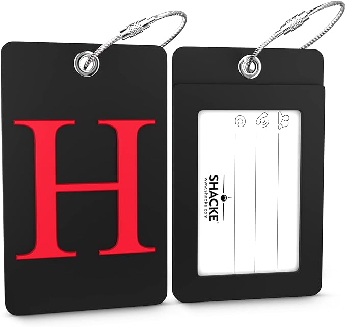 Shacke Luggage Tag Initial - Fully Bendable Tag w/Stainless Steel Loop - Black (Letter H)