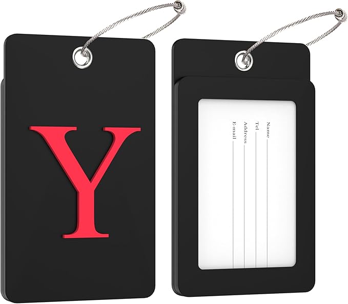 Gostwo 2 Pack Luggage Tags for Suitcases, 26 Initial Letter Travel Luggage Baggage Identification Labels ID Tag Fully Bendable Tags with Stainless Steel Loop (Black) (Letter Y)