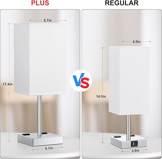 17.4" White Touch Table Lamp for Bedroom - Dimmable, USB C+A, 2 AC Outlets | 3-Way Dimming, 3000K Bulb Included, Square White Lampshade and Silver Base, Desk Lamp for Nightstand, Living Room, Dorm