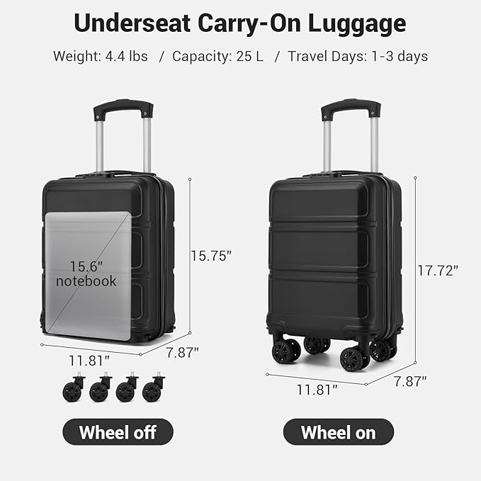Kono 15'' Underseat Carry On Luggage Airline Approved, Anti-Scratch PC+ABS Hardshell Carry on Suitcase with Smooth Spinner Wheel, Lightweight Overnight Carry on for Short Travel, Black