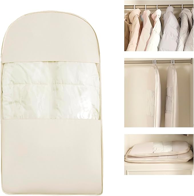 Space Saving Hanging Garment Bag with Self Compression Zipper - Organizer for Closet(Beige,S)