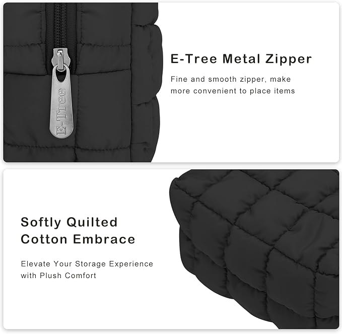 E-Tree Cute Makeup Bag,Quilted Cosmetic Bag,Make up Pouch for Purse,Toiletry Zipper Pouch,Checkered Bag,Travel Case,Storage Pouches for Organization (Black)