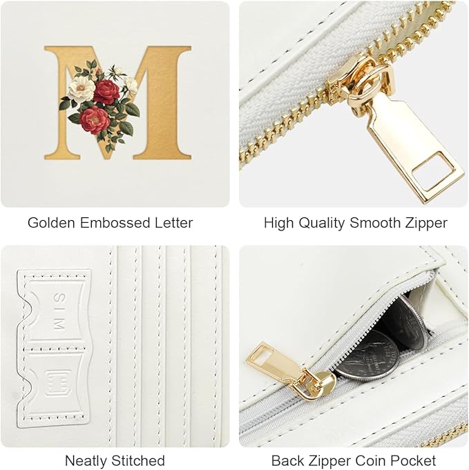 Passport Holder for Travel Personalized Passport Holder Initial Letter Rose Flower RFID Blocking Travel Wallets Credit Cards Holder for Women Men, White M