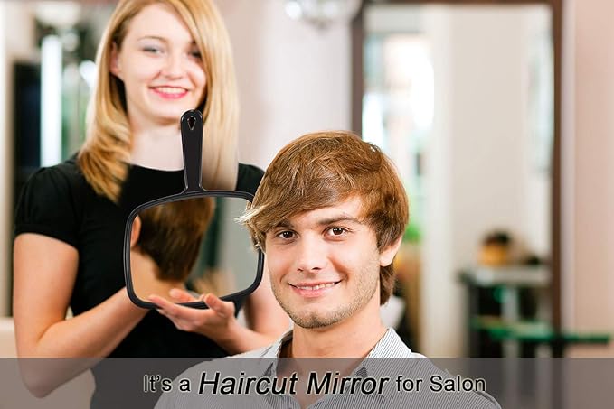 PROTECLE Hand Mirror, 10.3" L x 7.4" W Salon Barber Hairdressing Handheld Mirror with Handle, Square Black
