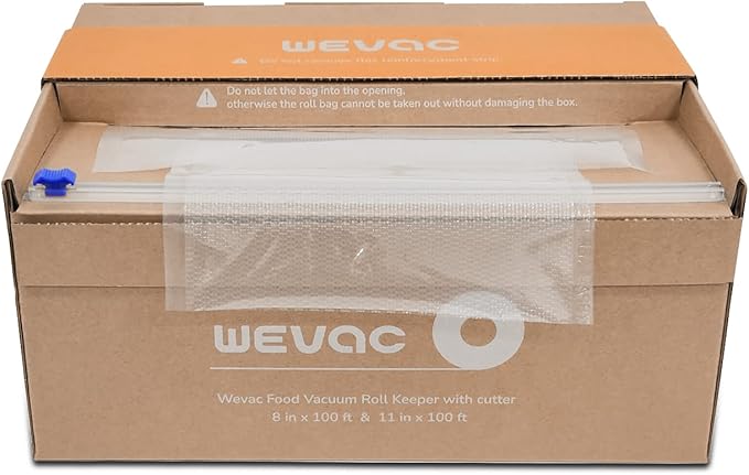 Wevac 8''x100' & 11''x100' 2 Rolls Food Vacuum Seal Roll Keeper with Cutter, Ideal Vacuum Sealer Bags for Food Saver, BPA Free, Commercial Grade, Great for Storage, Meal prep and Sous Vide (Pack of 2)