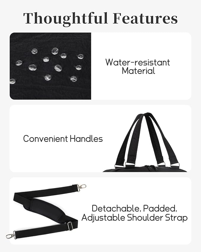 Carry On Duffle Bag with 15.6 Inch Laptop Compartment, Gym Bag for Women with Wet Pocket, Shoe Bag and Toiletry Pouch, Personal Item Travel Duffel Weekender Overnight Bags, Black