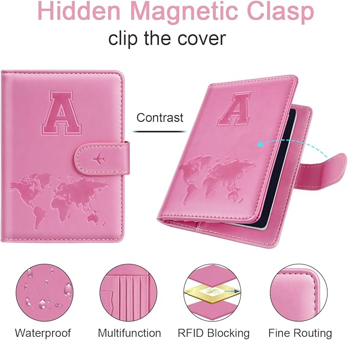 Passport Holder Cover Initail Letter A-Z Travel Wallet 3D Embossed Design RFID Blocking Card Holder Personalized Gift Passport Cover Wallet, Passport Book Holders for Women and Girls, Pink-A