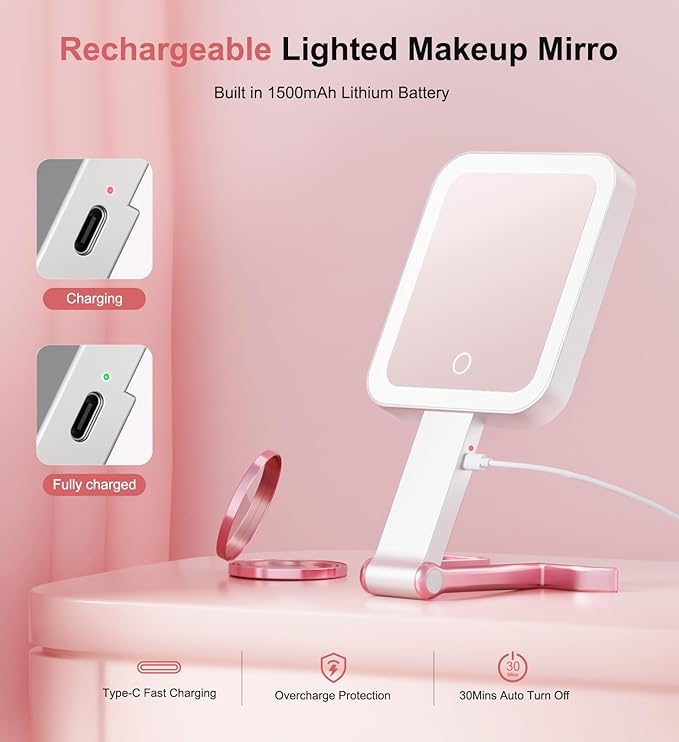 Travel Makeup Mirror with Lights 10X/1X Double-Sided Magnifying LED Beauty Mirror Rechargeable Portable Vanity Mirror with 3 Color Lighting Smart Touch Dimming Desktop Handheld Hanging