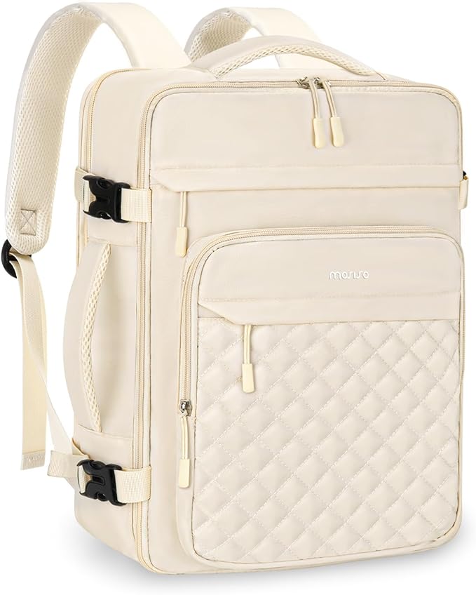 MOSISO Travel Backpack for Women Men, 15-15.6 inch Rhombus Quilted Laptop Backpack Flight Approved with Packing Cubes, 16 inch Carry on Daypack with USB Port for College Work Business, Beige