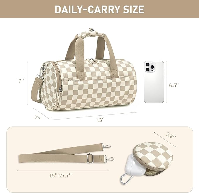 Mini Gym Bag for Women Girls Cute Small Duffle Bag 12'' with Multifunctional Pockets Workout Sport Bags Dance,Fitness,Yoga (Brown-white checkered)