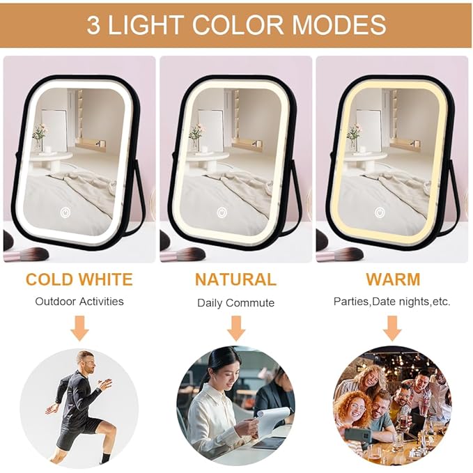 YEKKOPT Travel Mirror with Lights, Small LED Makeup Mirror with Lights,Portable Desk Mirror 1200mAh Battery,3 Color Modes,Dimmable Touch Screen, Tabletop Folding Compact Mirror,Women Gift