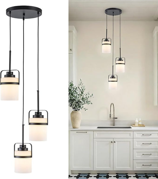 Black 3-Light Pendant Lighting, Adjustable Cluster Hanging Light Fixture with Milk Glass Shade, Modern Pendant Light for Kitchen Island Dining Room Bar