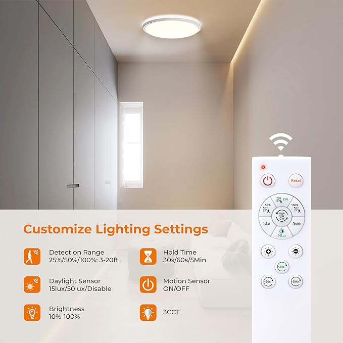 Matane Motion Sensor LED Ceiling Light with Remote, 12 Inch Wired Flush Mount Light 3000K 4000K 5000K, 2400LM Dimmable Motion Sensor Light Indoor for Closet Hallway Laundry Stairs White New Version