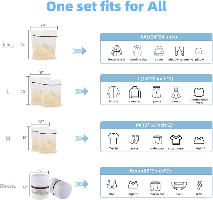 GOGOODA Mesh Laundry Bags for Delicates Durable Protective Wash Bags Travel Storage Bags for Intimates Lingerie, 7PCS （1XXL,2L,2M,2 Bra Bags）