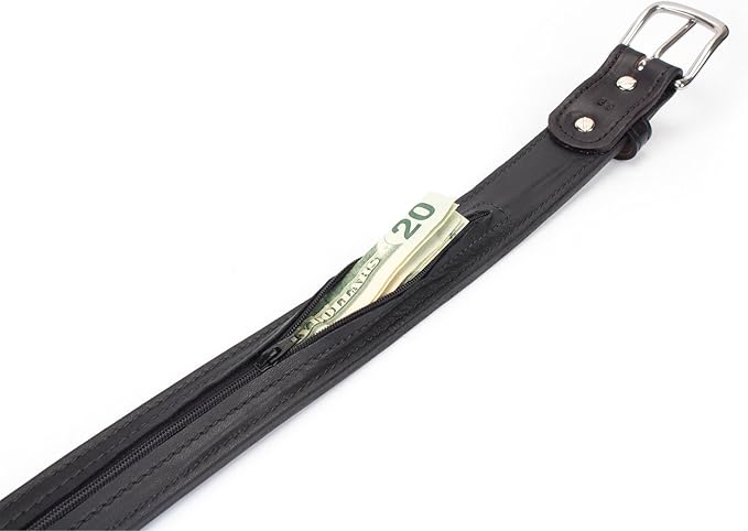 Hidden Money Pocket Travel Leather Belt (Size 46, Black)