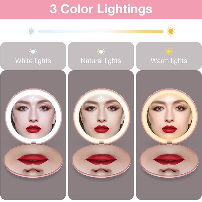 wobsion 10X Magnifying Tabletop Mirror, Touch Dimmable, 3 Color Temperature Adjustment, Auto Light Off, Rechargeable, Compact 4 inch x 0.8 inch