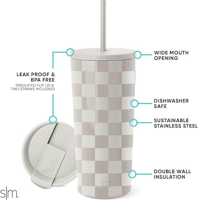 Simple Modern Classic Tumbler with Straw Lid | Insulated Iced Coffee Cup Reusable Stainless Steel Water Bottle Travel Mug | Gifts for Women Men Her Him | 20oz | Checkmate