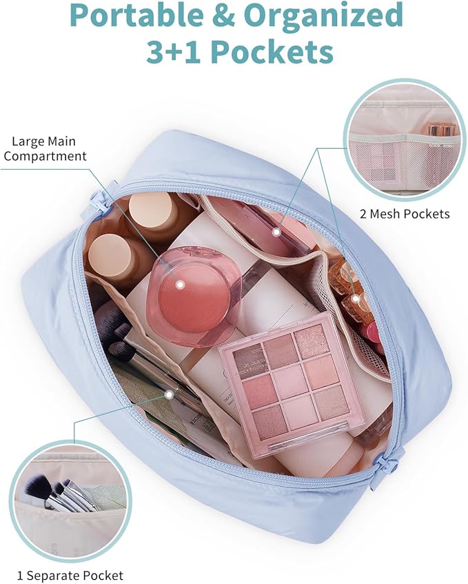 Narwey Quilted Makeup Bag for Women Girl, Puffer Travel Cosmetic Bag Puffy Make Up Bag Organizer, Cute Travel Toiletry Bag for Toiletries (Blue)