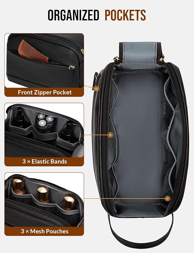 PU Leather Toiletry Bag for Men - Water Resistant Travel Bag for Toiletries, Bathroom Essentials, Accessories - Black