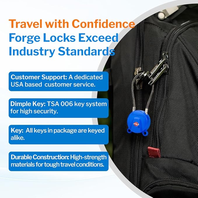 Forge TSA Approved Luggage Locks Ultra-Secure Dimple Key Travel Cable Locks with Zinc Alloy Body- 4 Locks, Black, Blue, red, Green.