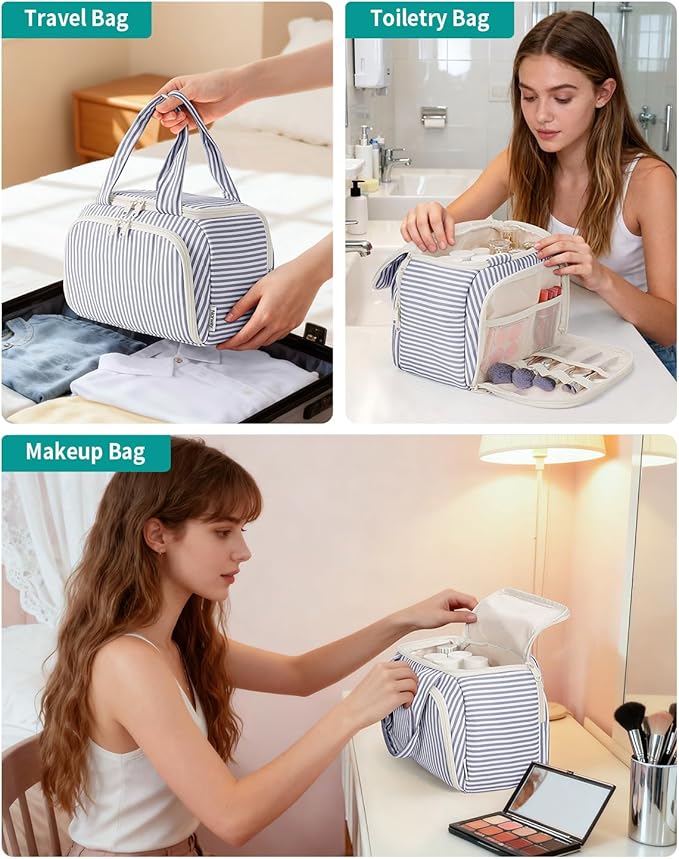 Narwey Striped Travel Toiletry Bag for Women Large Makeup Bag, Wide-open Cosmetic Make Up Organizer with Handle, Travel Bag for Toiletries, Essentials, Accessories (Greyish Blue Stripe)