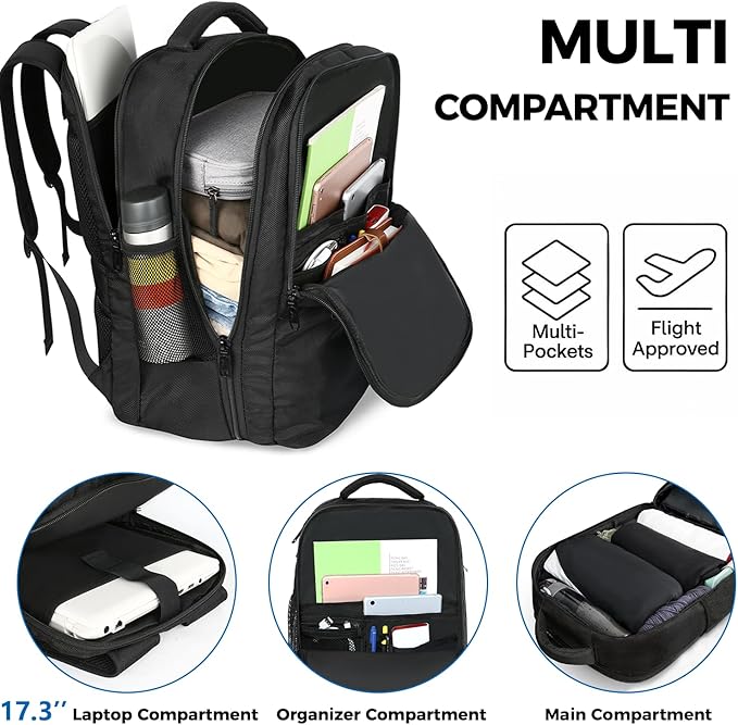 MATEIN Carry on Backpack, 40L Flight Approved Large Travel Laptop Backpack, 17 Inch Water Resistant Luggage Computer Daypack College Weekender Overnight Bag for Men & Women, Black