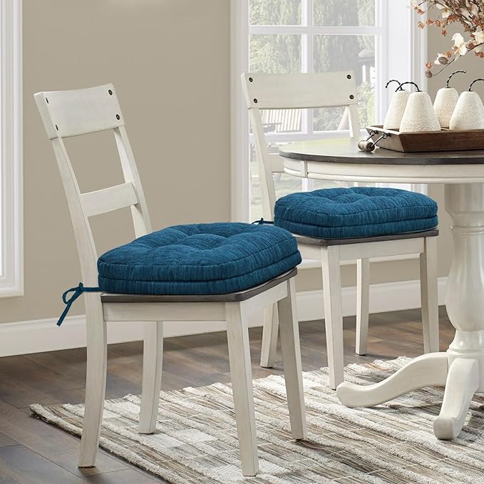 Shinnwa Dining Chair Cushions Set of 2, Dual-Layer Memory Foam Kitchen Chair Cushions, Patented Design Seat Pads with Ties, 16.5 x 16.5 x 3.5in, 2 Pack, Navy Blue