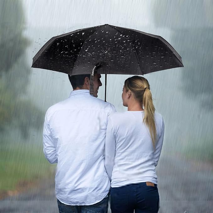 TradMall Travel Umbrella Windproof with 46 Inches Large Canopy 10 Reinforced Fiberglass Ribs Ergonomic Handle Auto Open & Close, Black