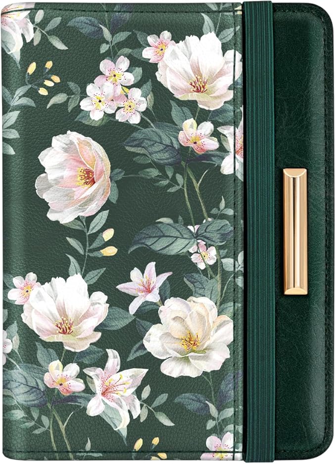 Passport Holder Cover, RFID Travel Wallet Credit Card Holder Cute Green Floral Passport Book Holders for Women with Elastic Band and Golden Metal Decoration, Alpine Green