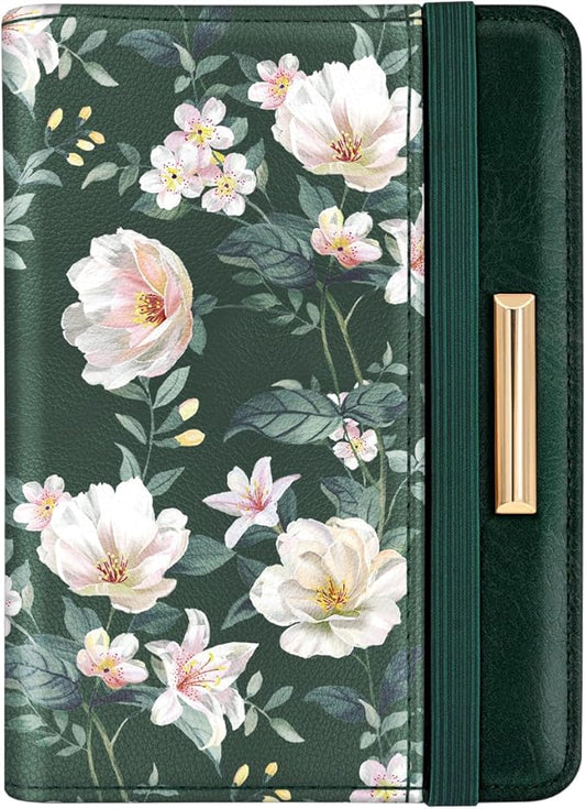 Passport Holder Cover, RFID Travel Wallet Credit Card Holder Cute Green Floral Passport Book Holders for Women with Elastic Band and Golden Metal Decoration, Alpine Green
