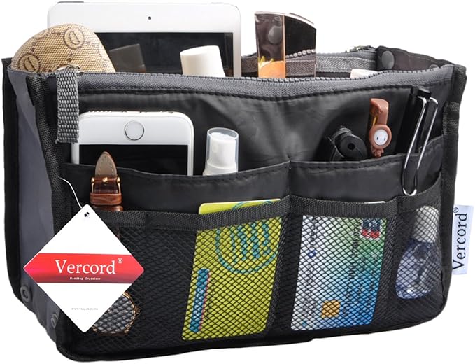 Vercord Purse Organizer Insert for Handbags Bag Organizers Inside Tote Pocketbook Women Nurse Nylon 13 Pockets Black Medium