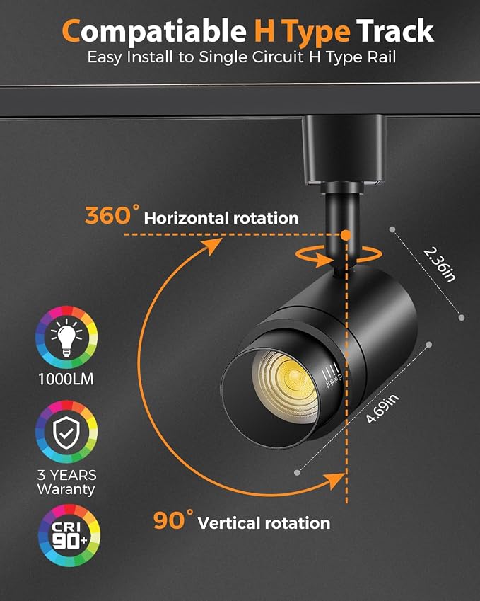 16 Pack Zoomable H Track Lighting Heads Dimmable, Black 12W 3000K | H Type Track Light Heads, LED Track Lighting Fixtures Ceiling Spot Light, H Style Track Heads for H Track Lighting Rails