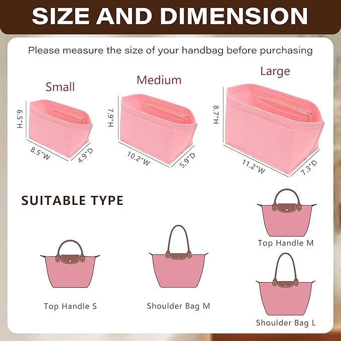 Fit Longchamp Organizer Insert, for Long Champ Le Pliage L Bag Handbag Women, with Cup Holder, Large/Pink