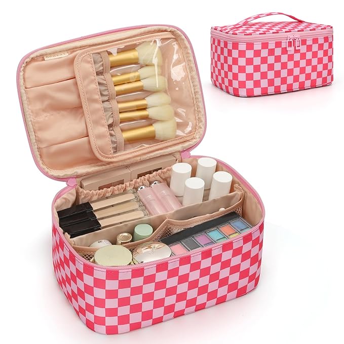 OCHEAL Makeup Bag Portable Cosmetic Bag For Women, Large Capacity Travel Makeup Case Organizer, Toiletry Bag for Girls Traveling With Handle and Divider-Pink