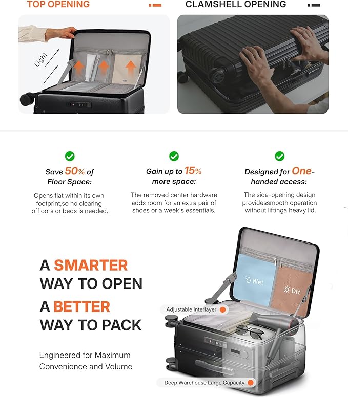 20IN Carry On Luggage,Top Opening Aluminum Frame Hardside 100% PC Airline Approved Suitcase -with TSA Lock,Cup Holder,USB Charge,Side Pothook, 360°Spinner Wheels-Black