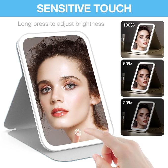 Kintion Travel Makeup Mirror, Portable LED Lighted Folding Mirror (Blue) | 60 LEDs, 3-Color Dimmable Rechargeable Tabletop Mirror, 360° Rotation Touch Screen Lighting Vanity Mirror