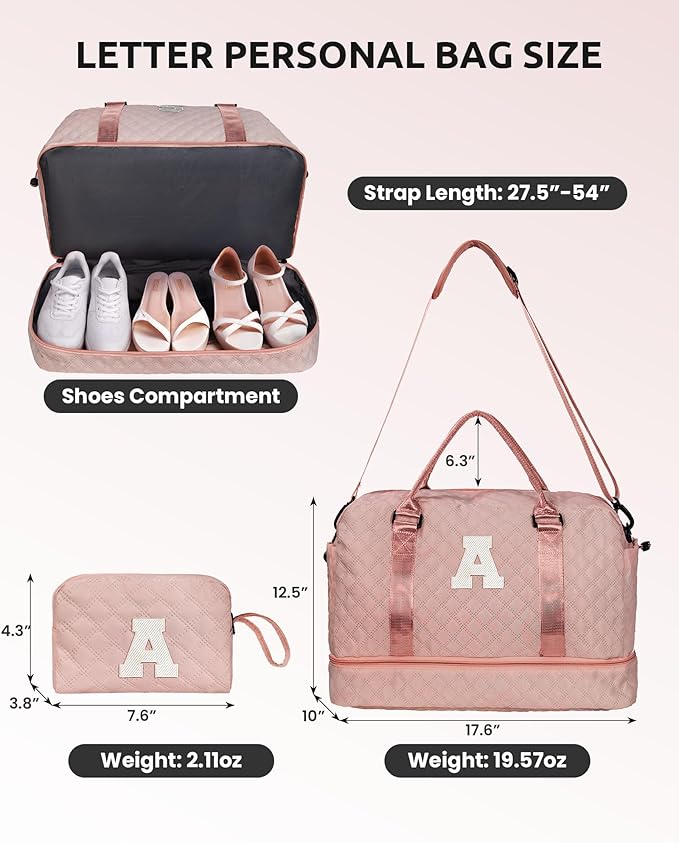 Graduation Gift for Her Women Gift-Birthday Gifts, Initial Duffle Bags with Shoe Compartment, Girls Weekender Bag,Overnight Bag for Women, Travel Bag with Makeup Bags Gift for Mom (Letter A)