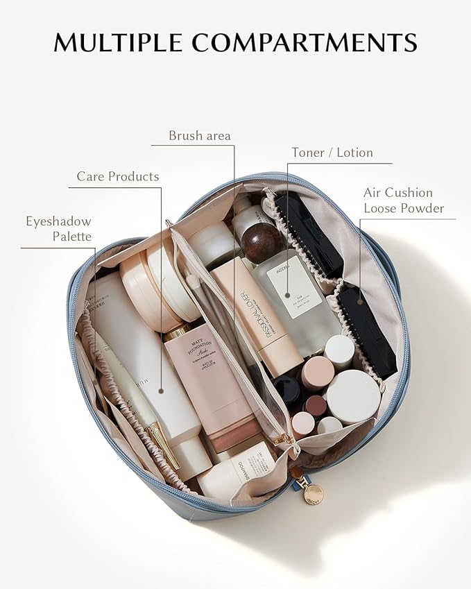 EACHY Travel Makeup Bag, Large Capacity Cosmetic Bag for Women, Waterproof PU Leather, Flat Open Portable Toiletry Bag for Skincare, Brushes & Travel Essentials