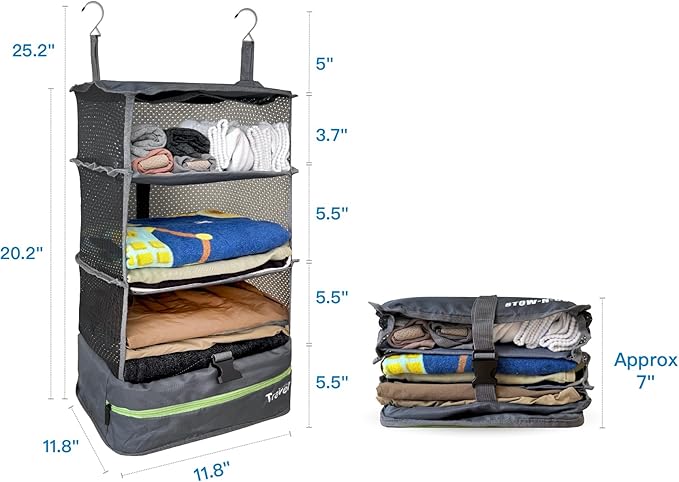 Grand Fusion Stow-N-Go Packing Organizer for Luggage, Portable Hanging Travel Shelves, Carry-On Closet, Hanging Packing Cubes, Collapsible Carry-On Organizer for Cruises & Hotels. Dark Gray - L