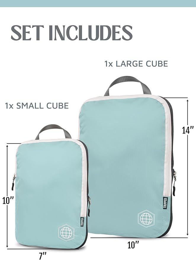 Compression Packing Cubes 2 Piece Set for Carryon Suitcases- Lightweight, Durable Clothes Organizer (Dusty Teal and White)