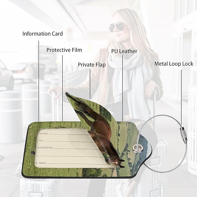 2 Pack Luggage Tags for suitcases Horse TSA Approved Label Luggage Tag Baggage Tag Leather Stainless Steel Loop Label Tag for Men Women Travel Bag Suitcase