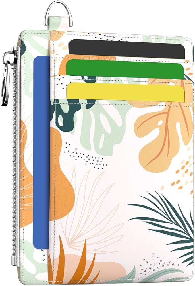 Hancynir Slim Wallet Women Credit Card Holder Abstract Boho Leaves RFID Blocking Small Mini Card Wallets Cute Front Pocket PU Leather Card Case Thin Travel Zipper Coin Cash Ladies Female Wallet Gifts