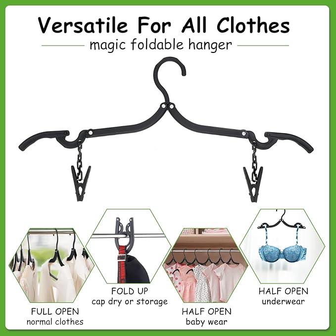 Folding Travel Hangers Foldable with Clips Folding Clothes Hangers Portable Foldable Hangers Collapsible Coat Hanger Travel Drying Rack for Clothes (Black, 12 Pieces)
