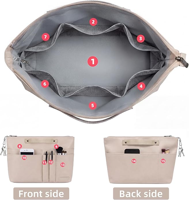 VANCORE Purse Organizer Insert for Handbags,Tote Bag Organizer Insert with Zipper Bag,Premium Handbag Organizer Inside Liner for Women with 15 Pockets