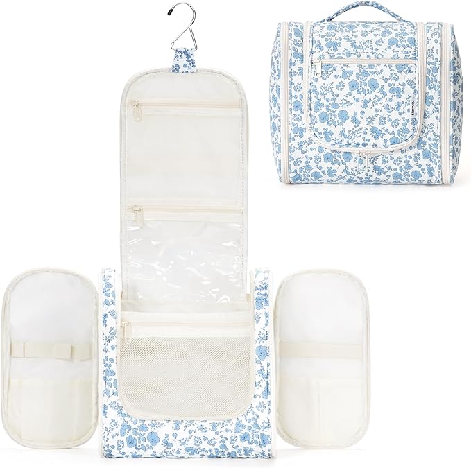 Narwey Large Hanging Toiletry Bag for Women Travel Makeup Bag Make up Organizer Toiletries Bag for Cosmetics Essentials Accessories (Large, Blue Flower)